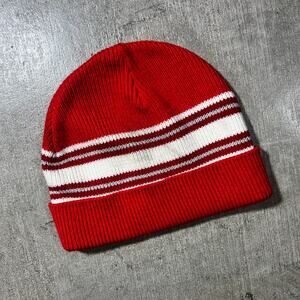 Vintage Red White Striped Knit Beanie One Size